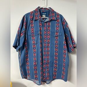Lot Of 2 Vtg Wrangler Pearl Snap Short Sleeve Aztec Western Shirt XL Blue Tan